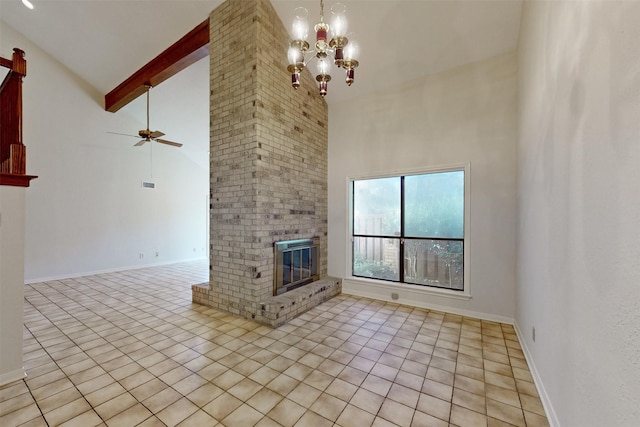 unfurnished living room featuring a fireplace, high vaulted ceiling, beam ceiling, and light tile patterned floors