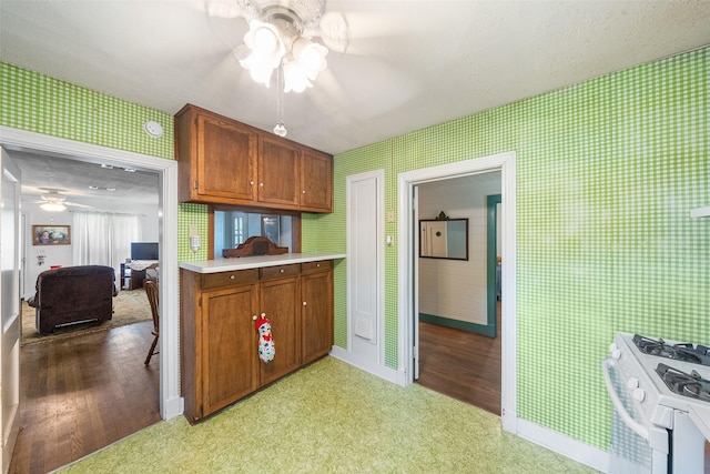 2506 Brazeal St, Waller, TX 77484 - kitchen featuring light countertops, light wood-style floors, a ceiling fan, and white range with gas cooktop