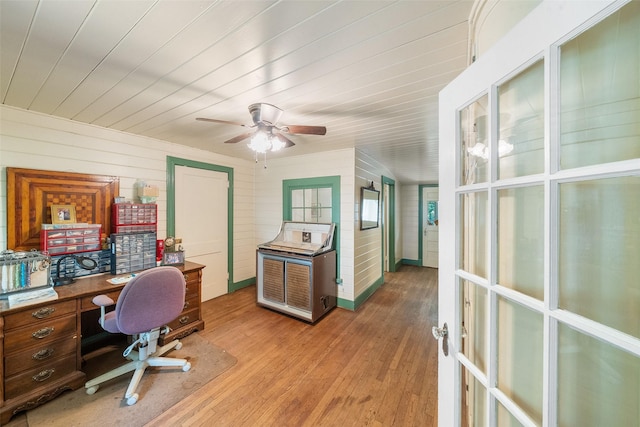 2506 Brazeal St, Waller, TX 77484 - office with wood ceiling, wood walls, light wood-style flooring, and a ceiling fan