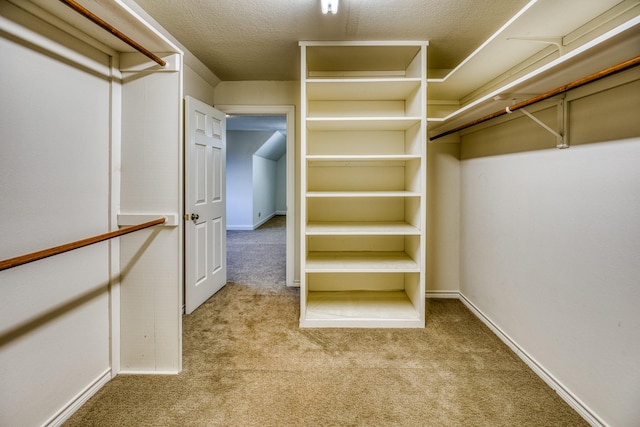 walk in closet with light colored carpet