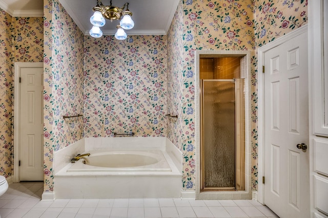 bathroom with plus walk in shower, ornamental molding, a notable chandelier, toilet, and tile patterned floors