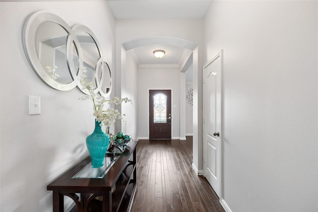 entryway featuring crown molding and dark hardwood / wood-style flooring