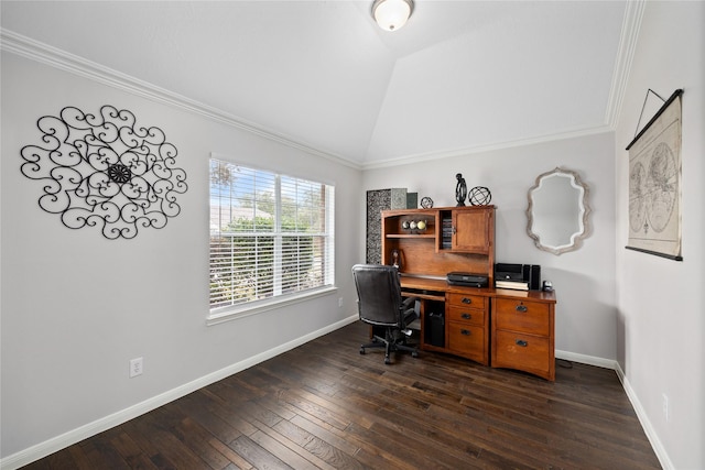 office space with dark wood-type flooring, vaulted ceiling, and ornamental molding