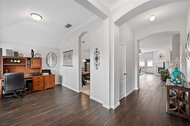 office area with lofted ceiling, ornamental molding, dark hardwood / wood-style floors, and ceiling fan