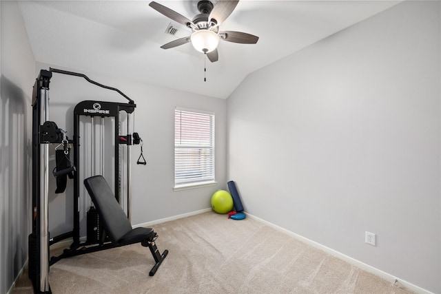 workout room with lofted ceiling, carpet floors, and ceiling fan