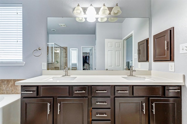 bathroom with independent shower and bath and vanity