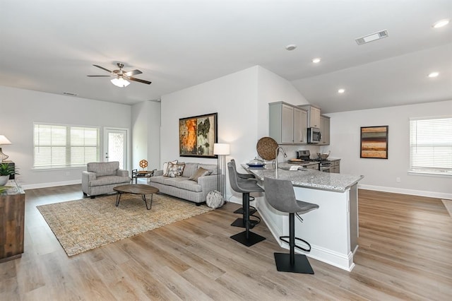 living room featuring lofted ceiling, ceiling fan, and light hardwood / wood-style flooring