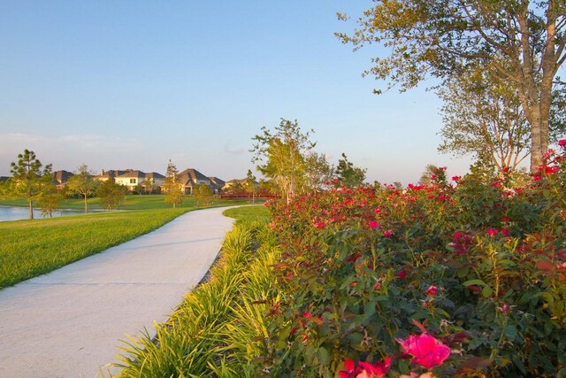 surrounding community with a water view and a yard