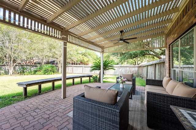 view of patio / terrace featuring an outdoor living space, a pergola, and ceiling fan