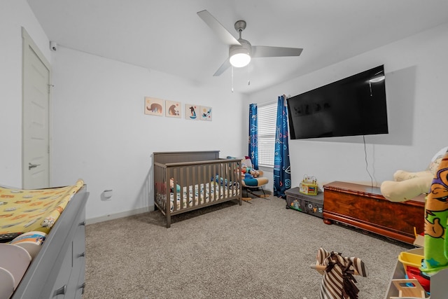 carpeted bedroom featuring ceiling fan