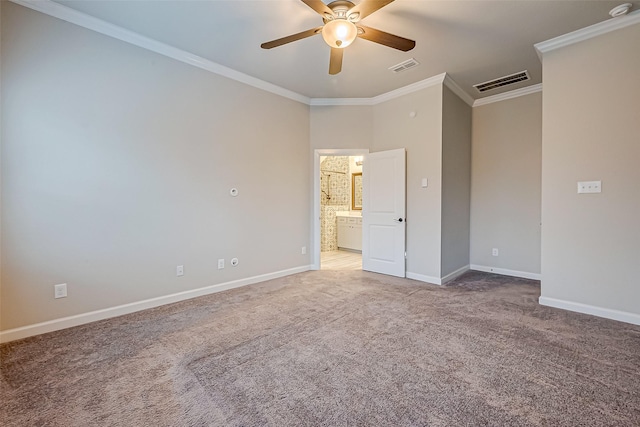 unfurnished room featuring ornamental molding, ceiling fan, and carpet