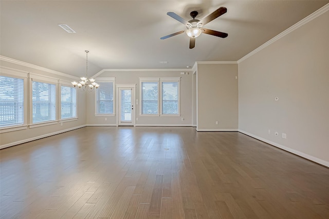 unfurnished room with hardwood / wood-style flooring, ornamental molding, vaulted ceiling, and ceiling fan with notable chandelier