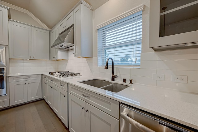 kitchen featuring lofted ceiling, sink, appliances with stainless steel finishes, tasteful backsplash, and light stone countertops