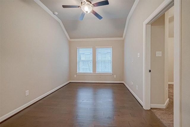 spare room featuring hardwood / wood-style floors, crown molding, vaulted ceiling, and ceiling fan