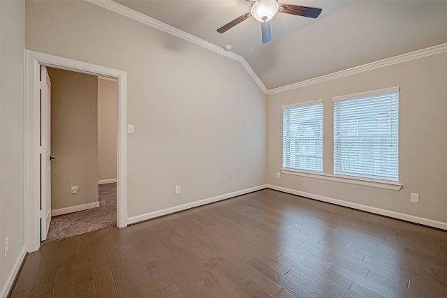 unfurnished room featuring crown molding, lofted ceiling, hardwood / wood-style floors, and ceiling fan