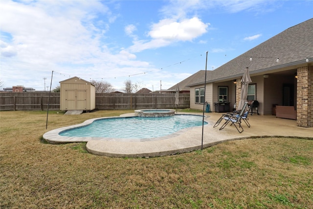 view of pool featuring an in ground hot tub, a patio, a shed, and a lawn