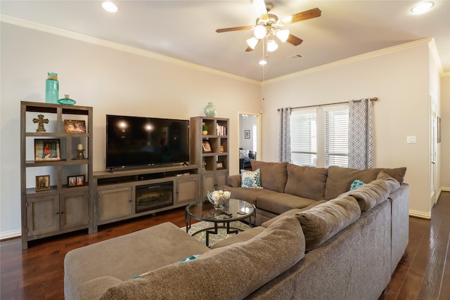 living room featuring dark hardwood / wood-style flooring and ornamental molding