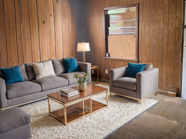 living room featuring wooden walls