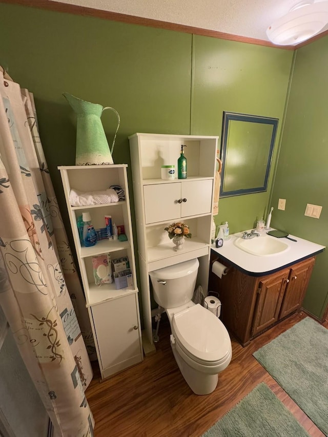 bathroom with hardwood / wood-style flooring, vanity, and toilet