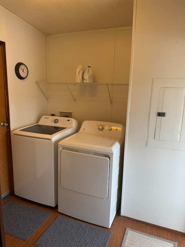 washroom with separate washer and dryer, electric panel, and hardwood / wood-style floors