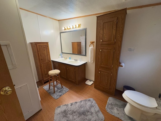 bathroom featuring wood-type flooring, vanity, a textured ceiling, and toilet