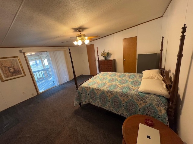 bedroom featuring ceiling fan, carpet floors, access to exterior, and a textured ceiling