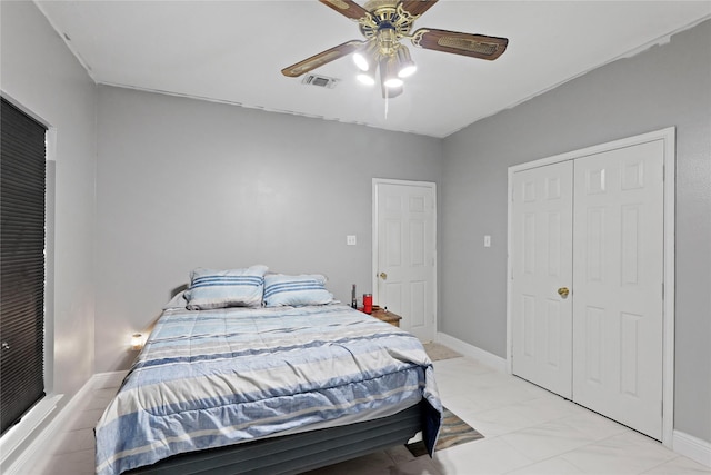 bedroom with ceiling fan and a closet