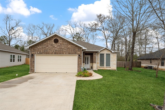 single story home with a front lawn, concrete driveway, fence, a garage, and brick siding