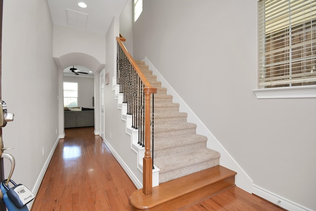 foyer with hardwood / wood-style flooring and ceiling fan