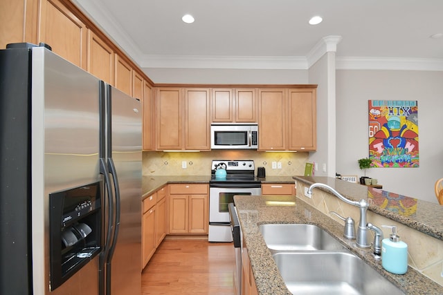 kitchen featuring sink, crown molding, stainless steel appliances, light hardwood / wood-style floors, and backsplash