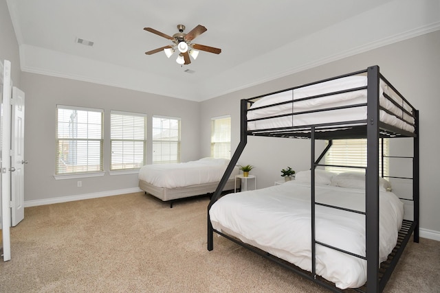 bedroom with light colored carpet and ceiling fan