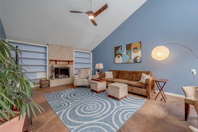 living room featuring built in features, high vaulted ceiling, a fireplace, concrete floors, and ceiling fan