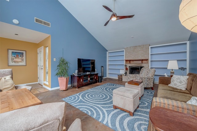 living room with built in shelves, a fireplace, high vaulted ceiling, and ceiling fan