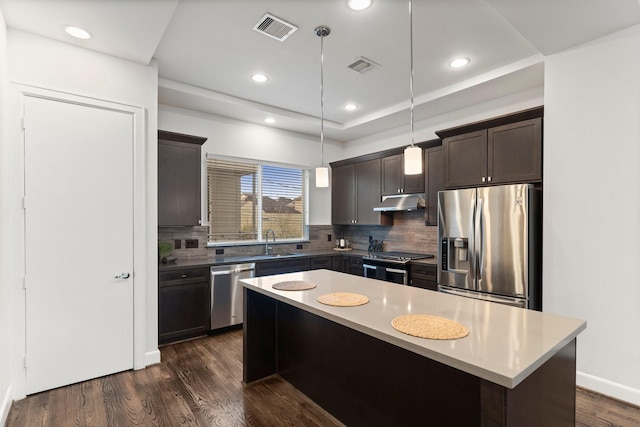 kitchen featuring pendant lighting, sink, stainless steel appliances, a tray ceiling, and a kitchen island