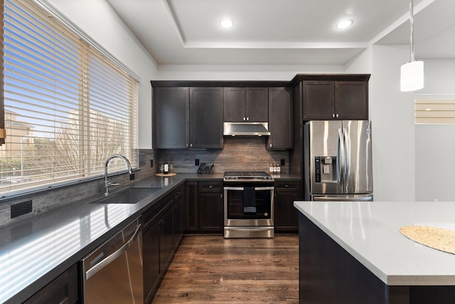 kitchen with sink, backsplash, dark hardwood / wood-style flooring, hanging light fixtures, and stainless steel appliances