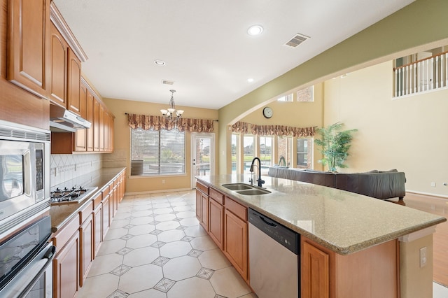 kitchen featuring pendant lighting, sink, appliances with stainless steel finishes, backsplash, and an island with sink