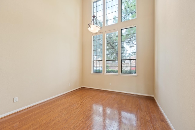 empty room with a towering ceiling and light hardwood / wood-style flooring