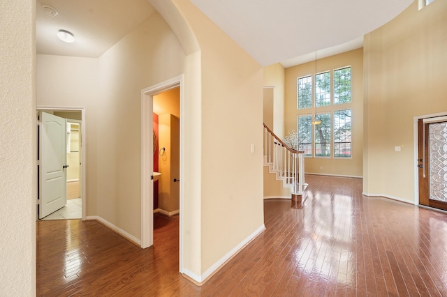 entrance foyer featuring wood-type flooring and a towering ceiling