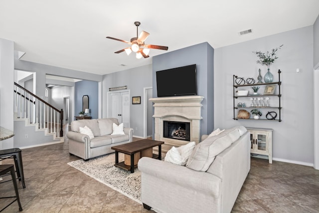 living room with ceiling fan