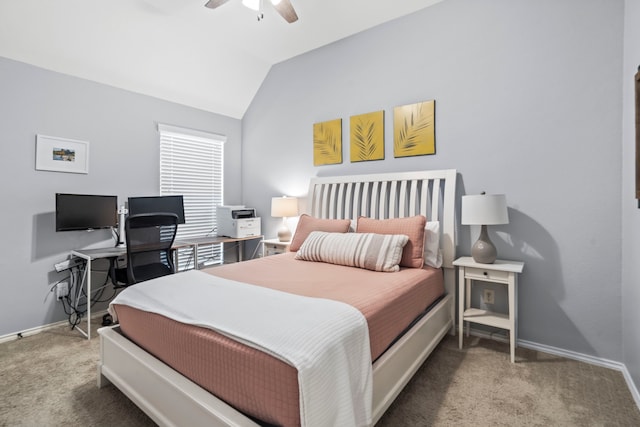 bedroom with ceiling fan, carpet flooring, and vaulted ceiling