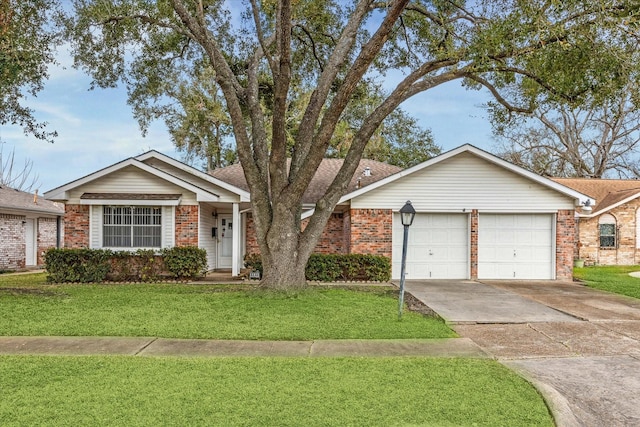 ranch-style home with a garage and a front lawn