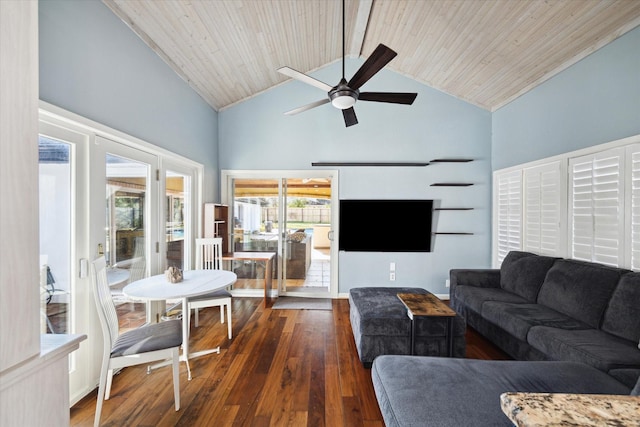 living room featuring wood ceiling, ceiling fan, dark hardwood / wood-style floors, and high vaulted ceiling