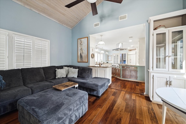 living room with dark hardwood / wood-style flooring, wood ceiling, high vaulted ceiling, and ceiling fan