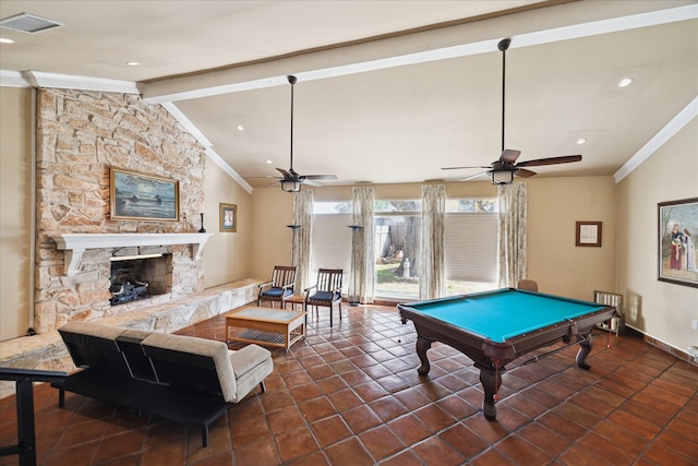 rec room with lofted ceiling with beams, ornamental molding, a fireplace, and billiards