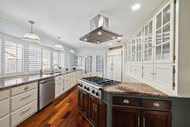 kitchen featuring sink, dark brown cabinets, stainless steel appliances, light stone counters, and island range hood