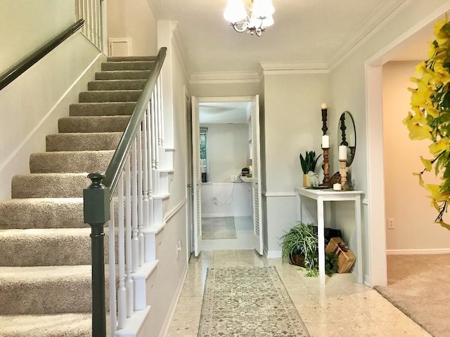 stairs featuring tile patterned floors, ornamental molding, and a chandelier