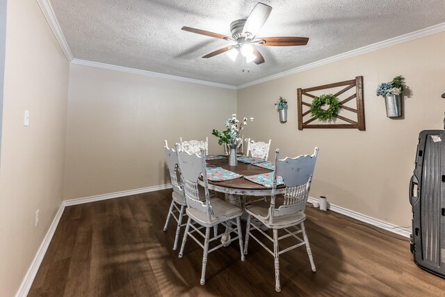 dining area featuring dark wood-type flooring, ceiling fan, crown molding, and a textured ceiling