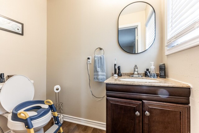 bathroom with wood-type flooring, vanity, and toilet