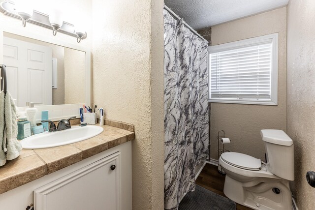 bathroom with vanity, wood-type flooring, toilet, and a shower with shower curtain