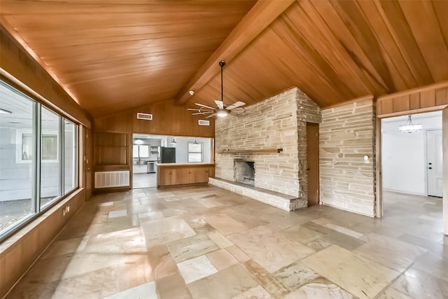 unfurnished living room featuring vaulted ceiling with beams, ceiling fan with notable chandelier, wood ceiling, and a fireplace